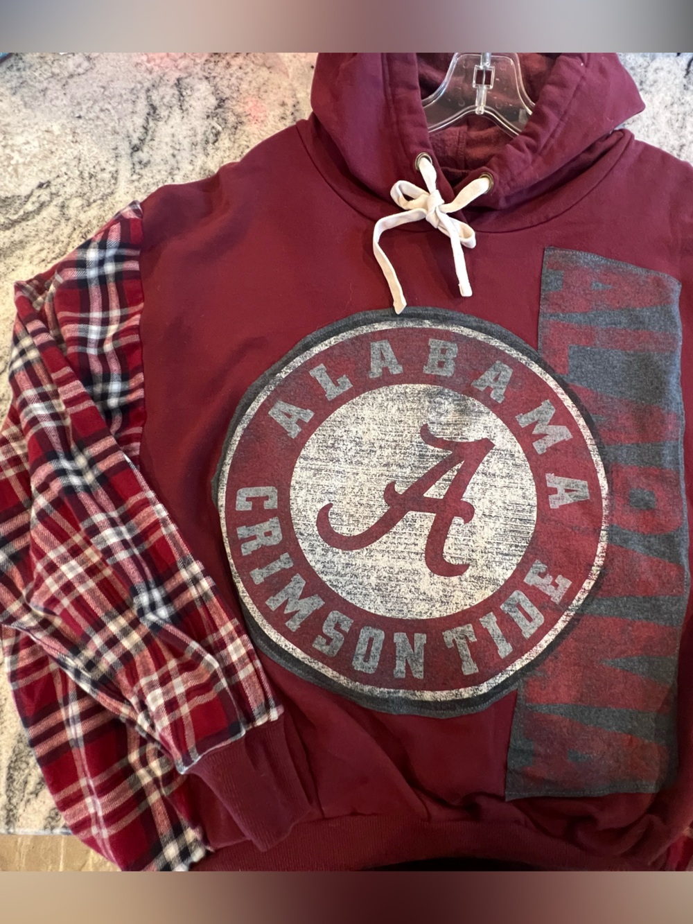 Upcycled❣️Alabama Crimson Tide Maroon Hoodie Sweatshirt-Sweater w Plaid Sleeves